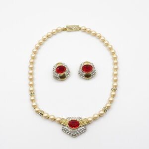 Nina Ricci Stunning Red Rhinestone Faux Pearl Necklace Clip On Earrings Set